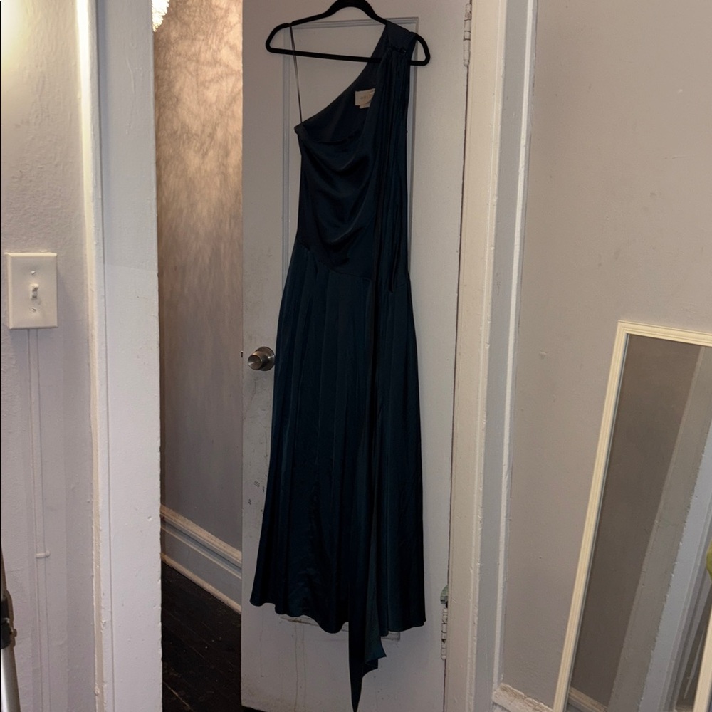 BHLDN one shoulder scarf maxi dress dark green wedding cocktail party size large - Picture 4 of 10